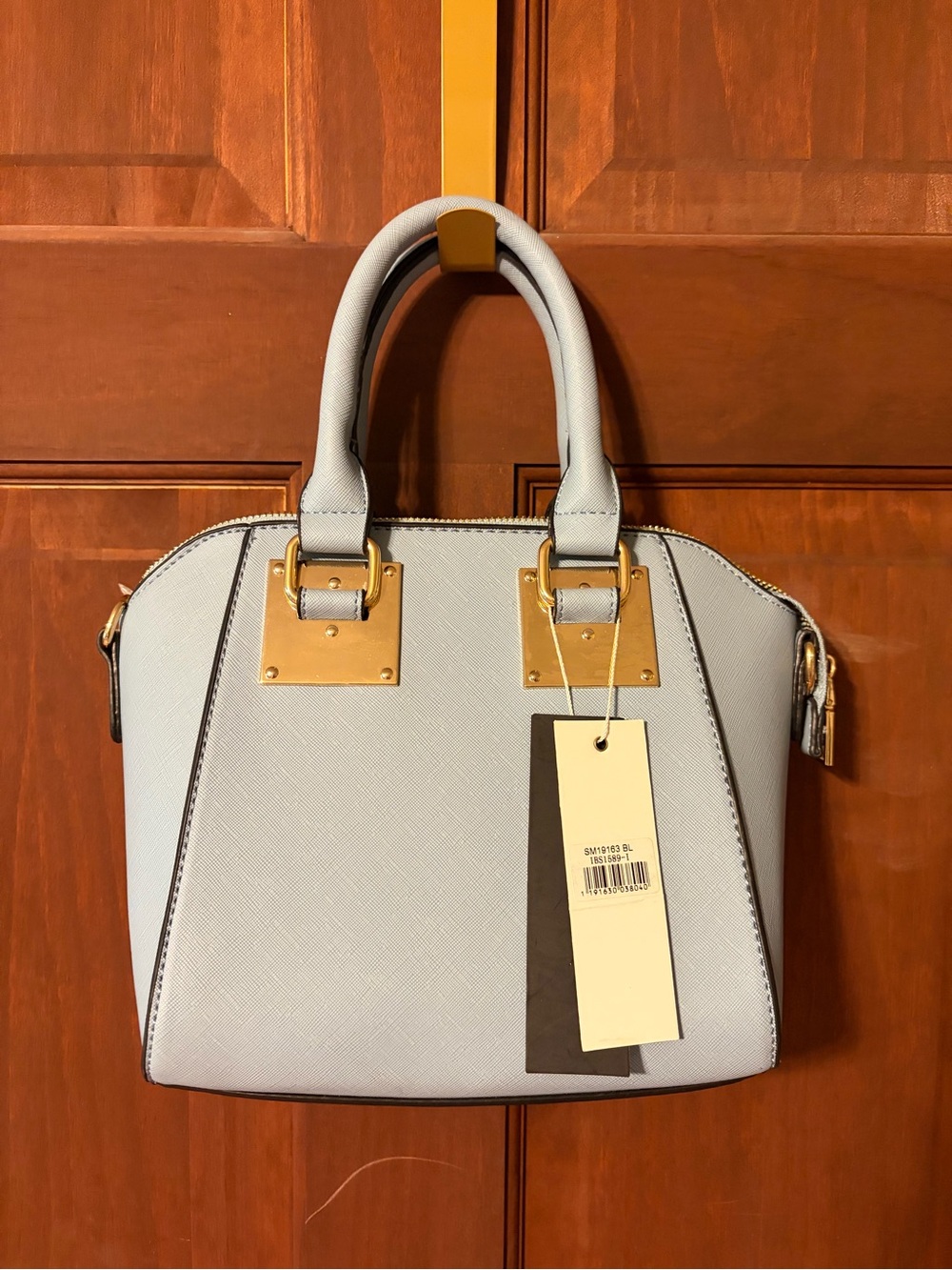 Structured Light Blue Satchel with Gold Hardware